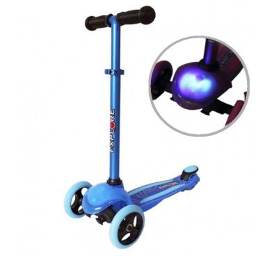 Фото Самокат Explore Tris со светящейся платформой, голубой, складной, управление наклоном, до 50 кг, as_tris.г