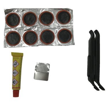 Ремкомплект TBS MINGDA: резиновый клей 8мл, 8 заплаток D:25мм, наждачка, 2 пластиковые монтажки, 21044